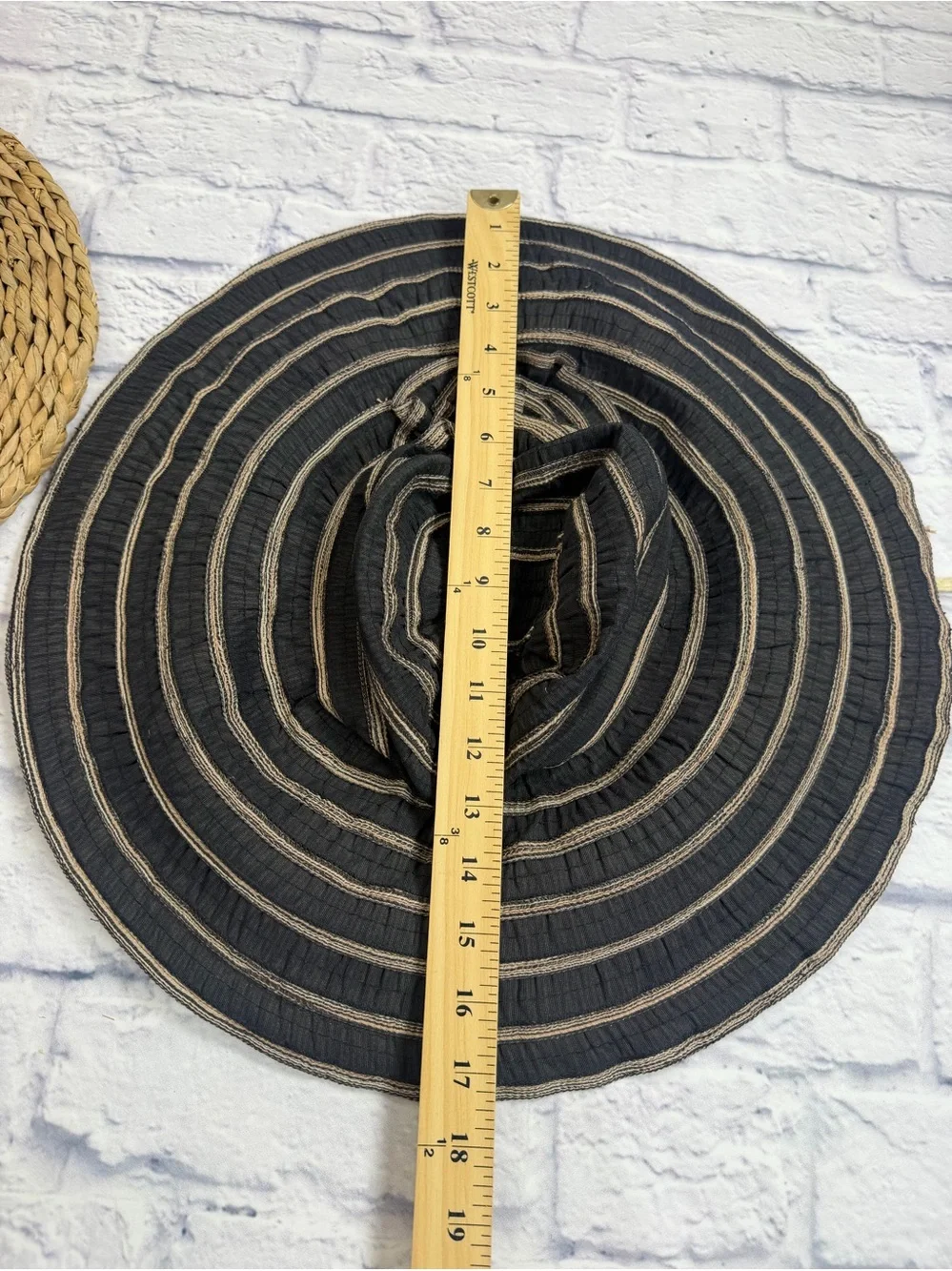 Milani Black Wide-Brim Sun Hat with Tan Stripes and Flower Accent